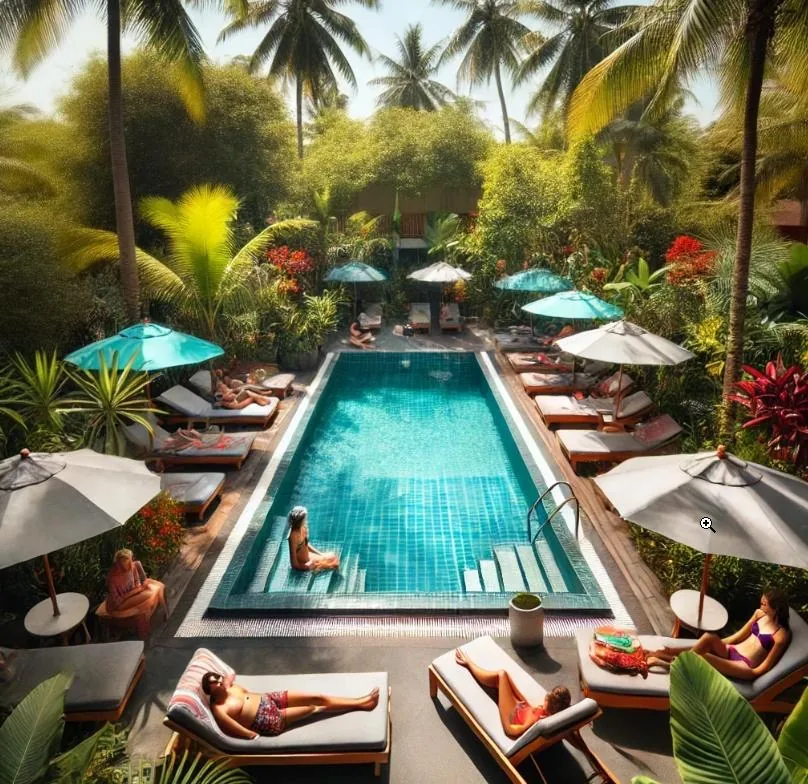 Pool surrounded by tropical gardens, sun loungers and umbrellas