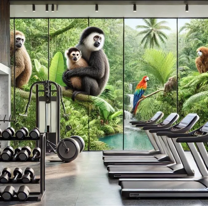 Fitness center with treadmills and weights facing tropical greenery
