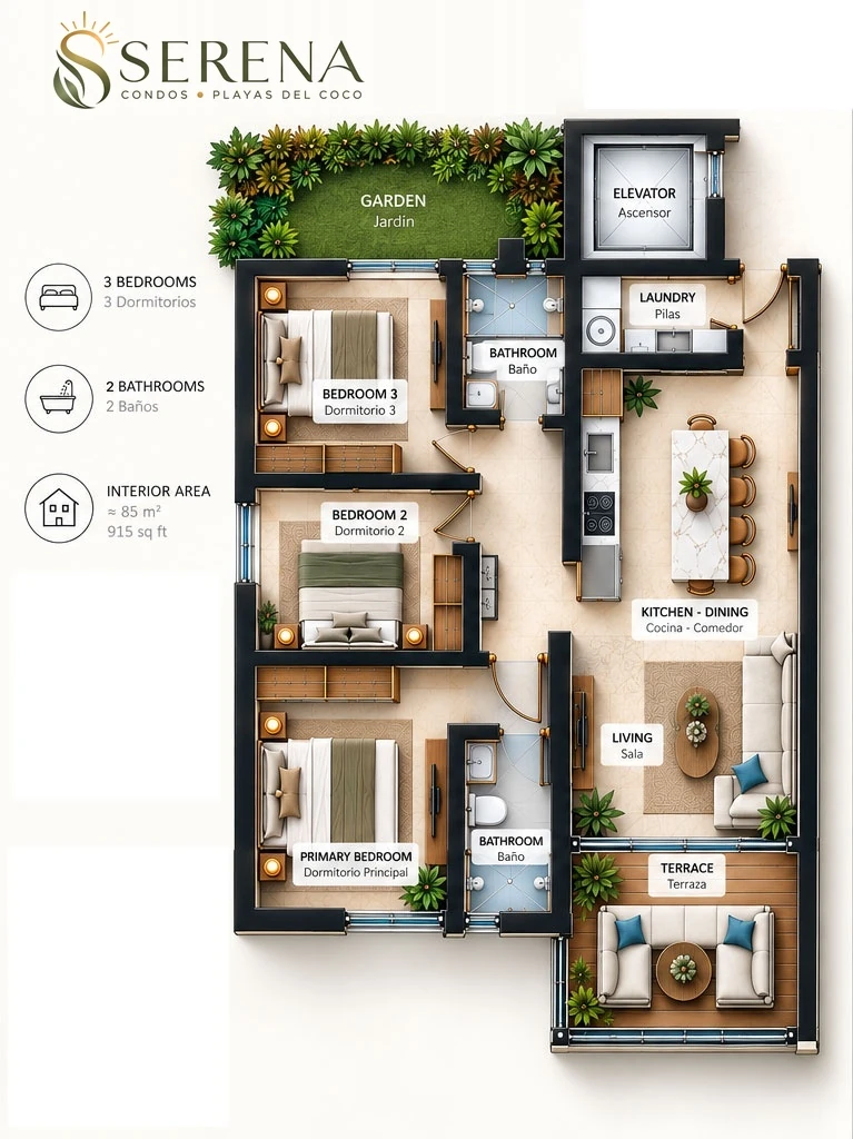 Floor plan of a Serena 1st or 2nd floor residence: 3 bedrooms, 2 bathrooms, about 85 m² (915 sq ft) with terrace