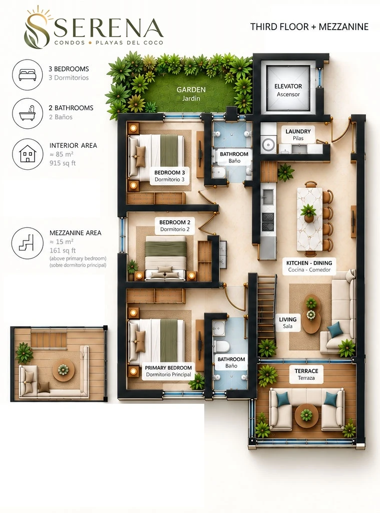 Floor plan of a Serena 3rd floor residence: 3 bedrooms, 2 bathrooms plus a flex mezzanine of about 15 m² (161 sq ft)