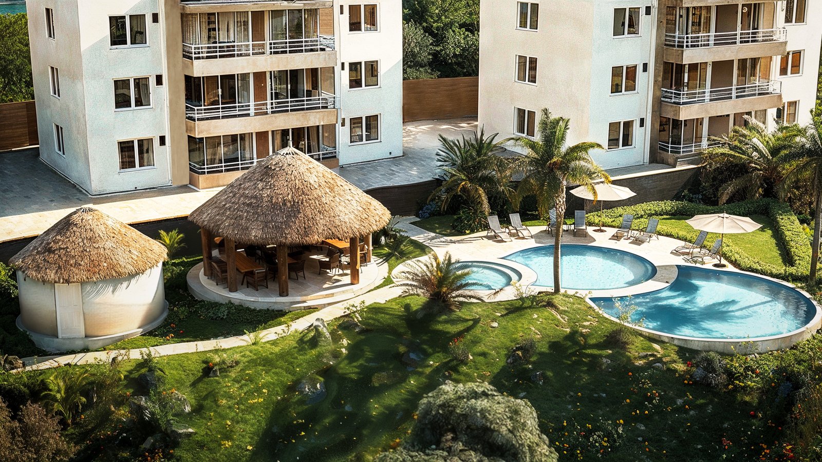 Architectural rendering of the Serena Condos buildings, pools and gardens in Playas del Coco